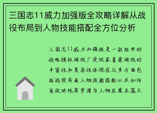 三国志11威力加强版全攻略详解从战役布局到人物技能搭配全方位分析